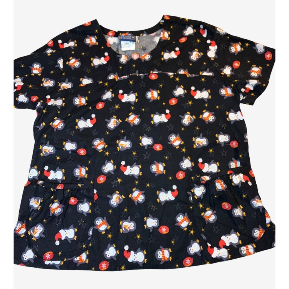 Sanibel Scrubs 2X Christmas Penguin Print Top